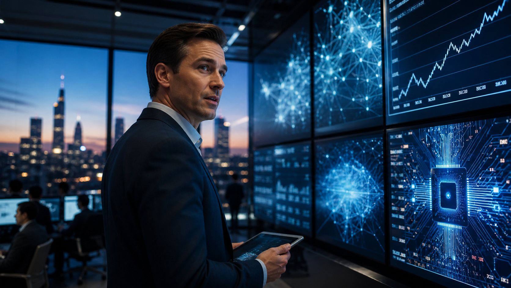 Cinematic market news image showing a financial analyst watching artificial intelligence stock charts and chip data on large trading screens